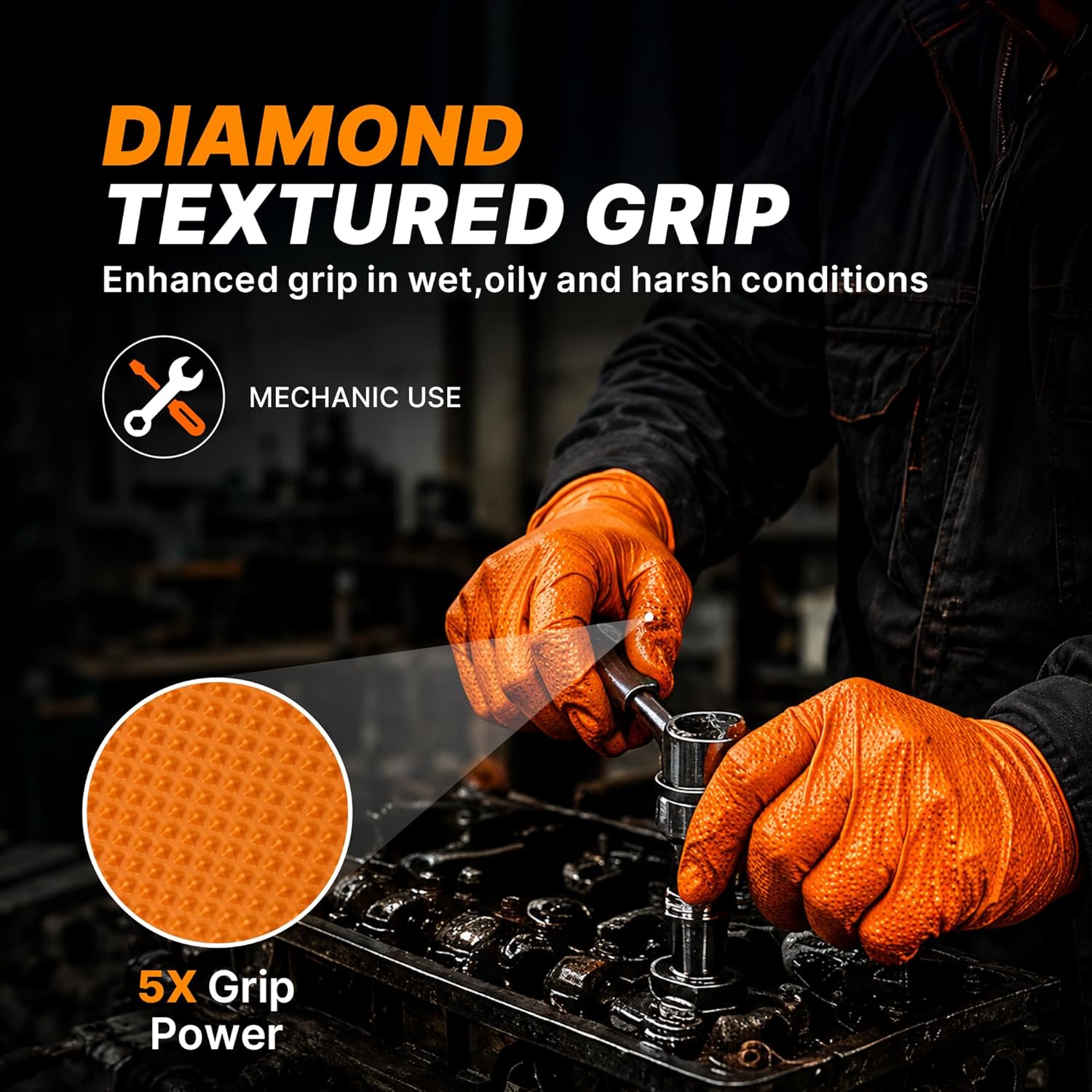 Greenhaus Gardening Heavy-Duty Orange Nitrile Gloves with Diamond Grip, Latex-Free