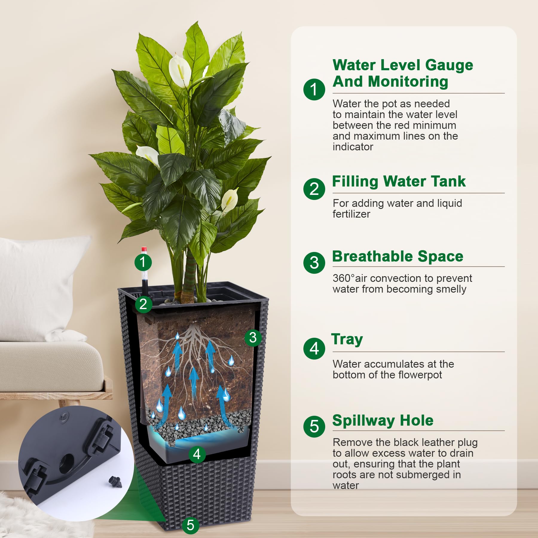 Greenhaus Gardening 23-Inch Black Rattan Self-Watering Planters Set of 2