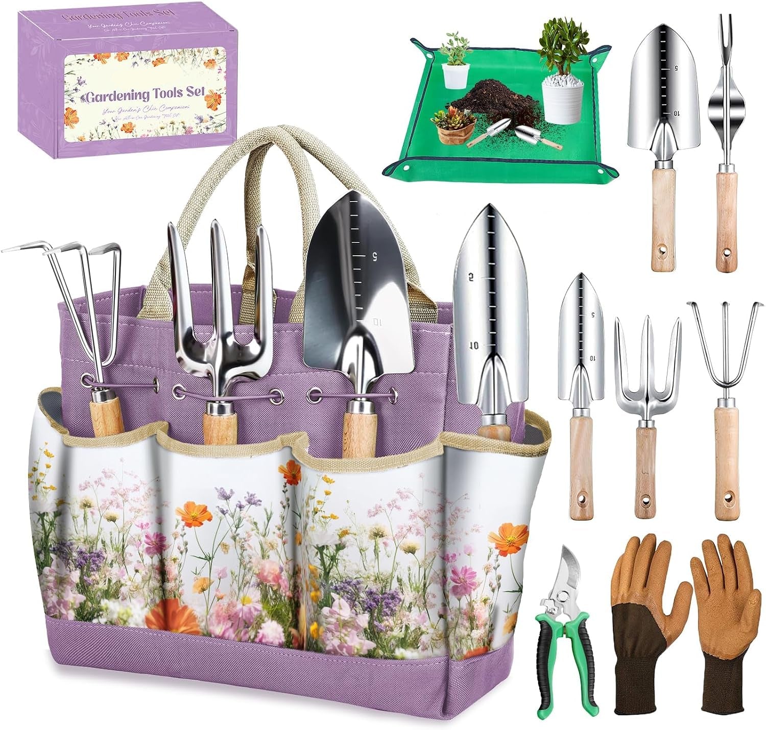 Greenhaus Gardening Premium 9-Piece Stainless Steel Garden Tool Set with Floral Tote, Gift Box & Repotting Mat