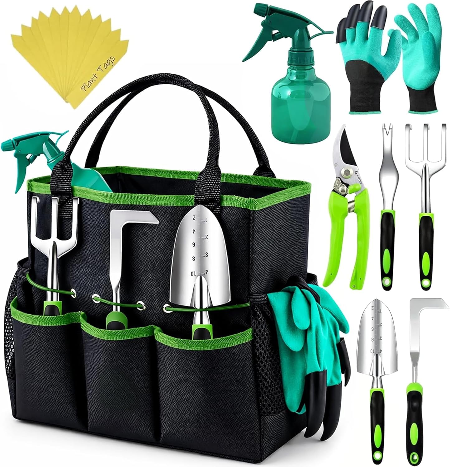 Greenhaus Gardening Garden Essentials Set with Multi-Pocket Tote, Gloves and Watering Bottle