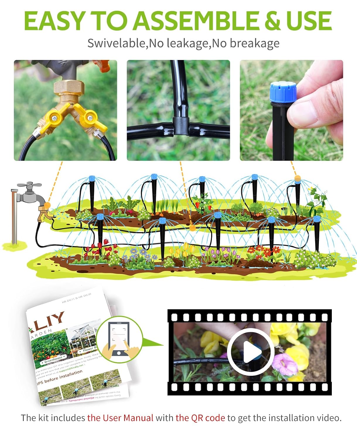 Greenhaus Gardening Complete Drip Irrigation System Kit with Adjustable Emitters, Brass Splitter & Flexible Tubing