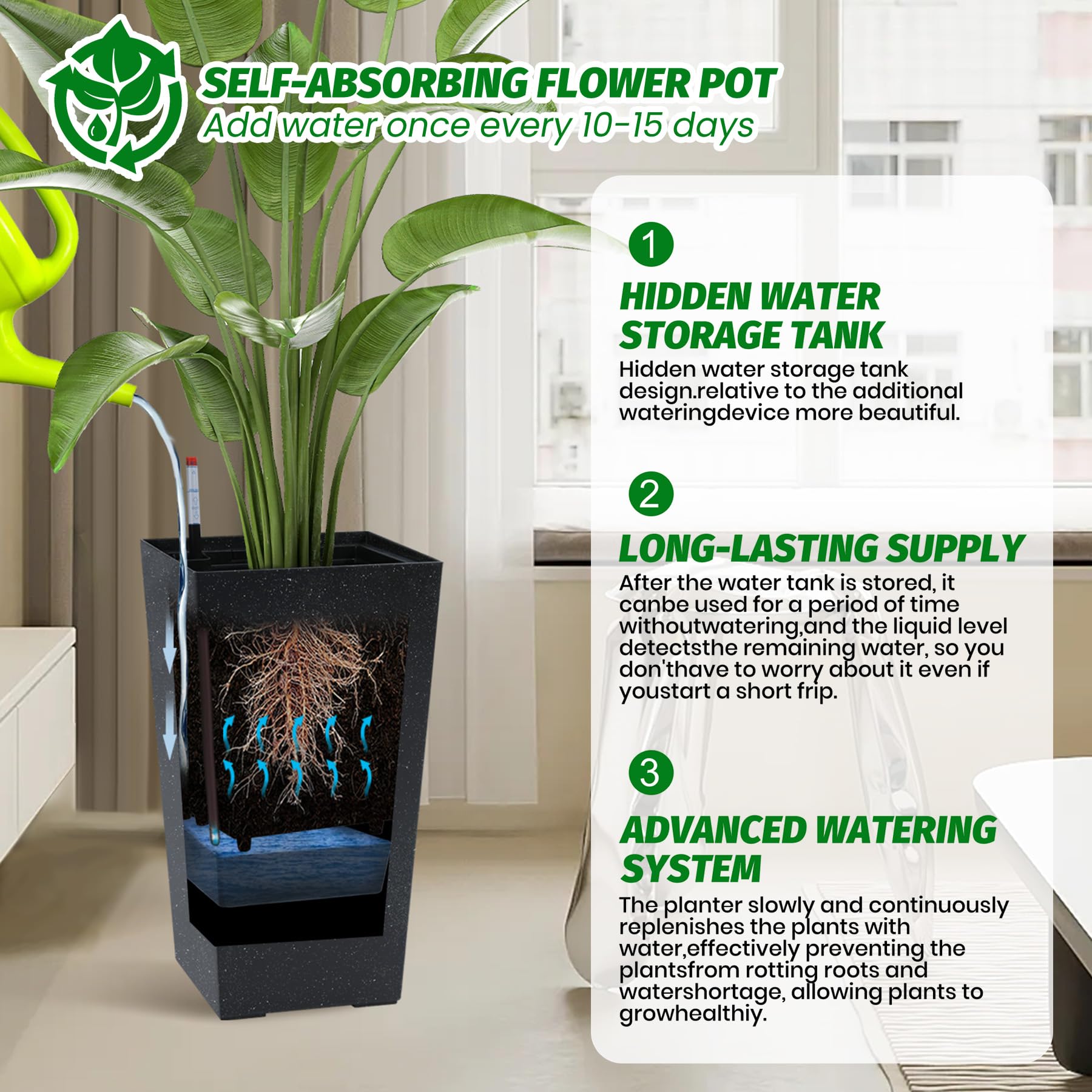 Greenhaus Gardening 21.6 in Self-Watering Rectangular Planters Set of 2 with Water Level Monitor