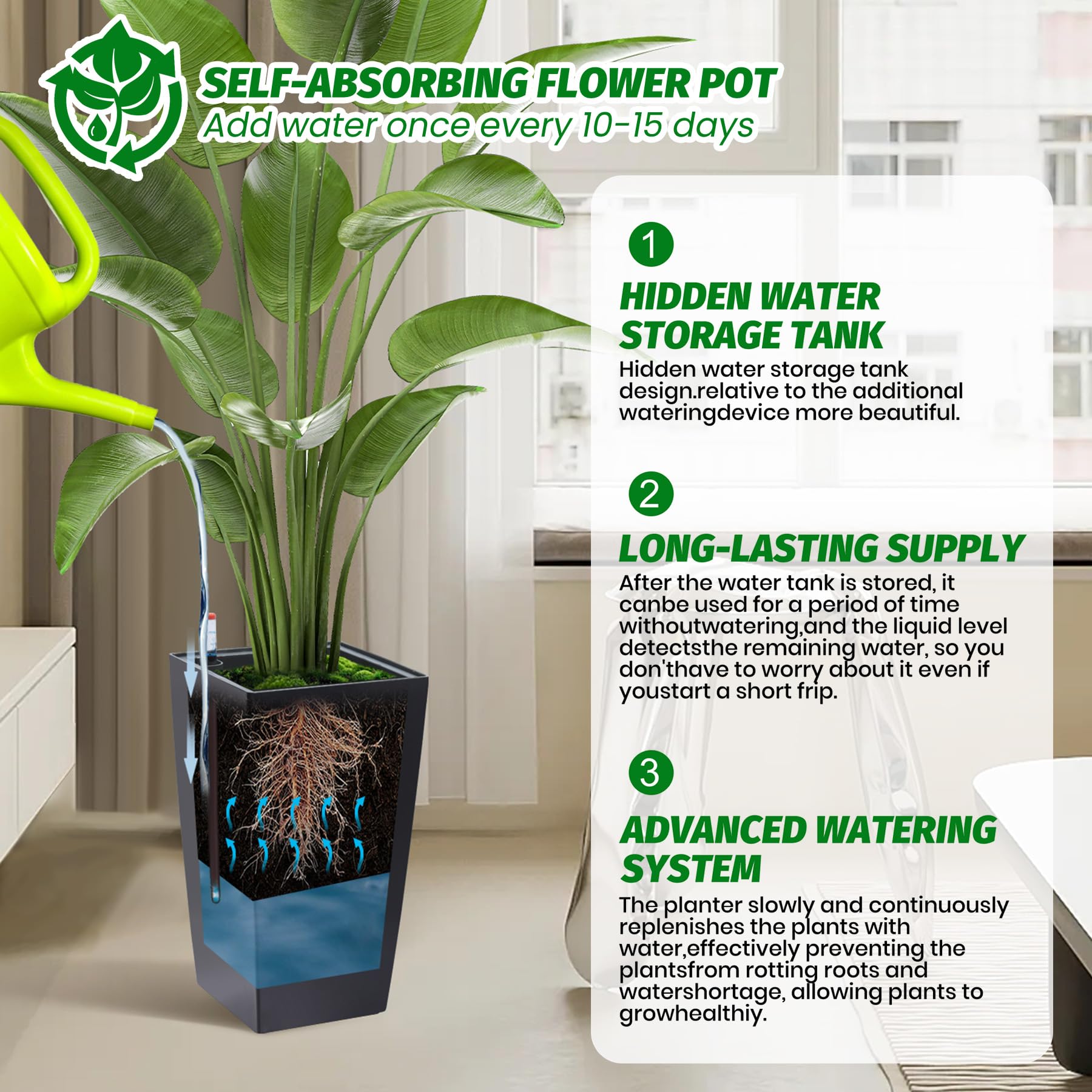 Greenhaus Gardening 16-Inch Rectangular Self-Watering Planters Set of 2
