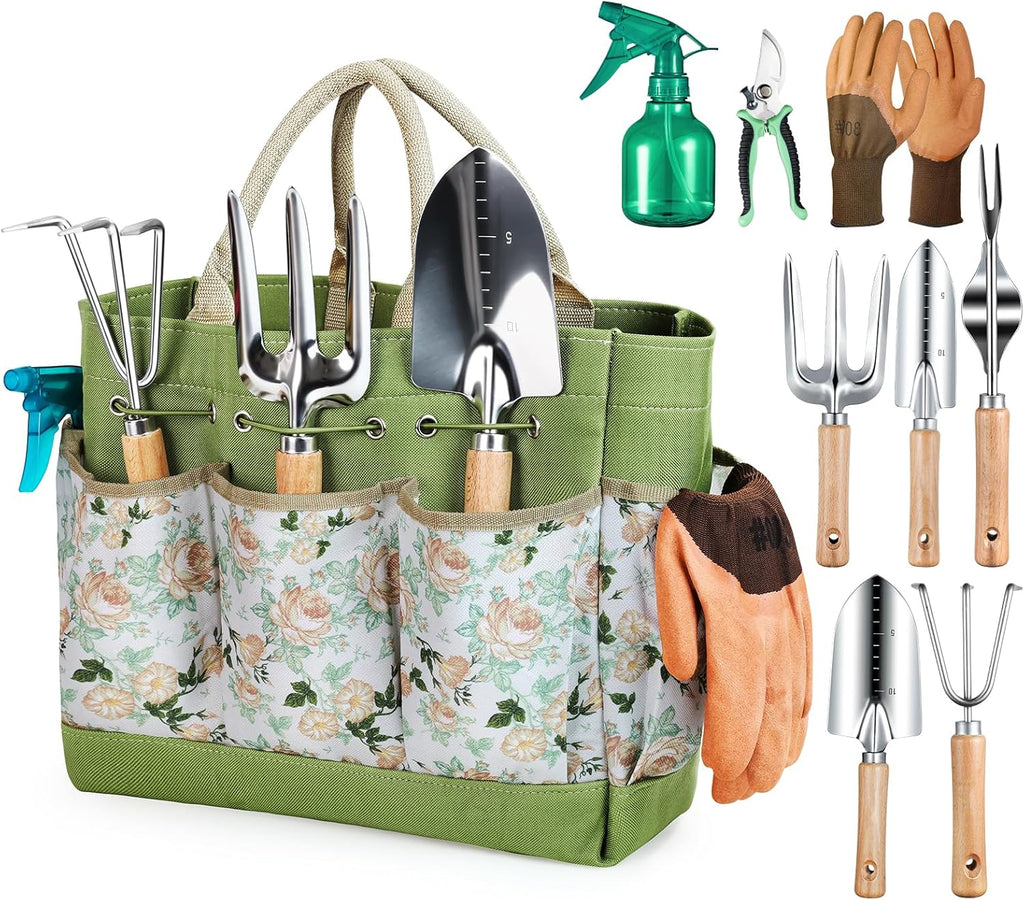 Greenhaus Gardening Premium Stainless Steel Garden Tool Set with Floral Tote & Wooden Handles