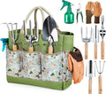 Greenhaus Gardening Premium Stainless Steel Garden Tool Set with Floral Tote & Wooden Handles