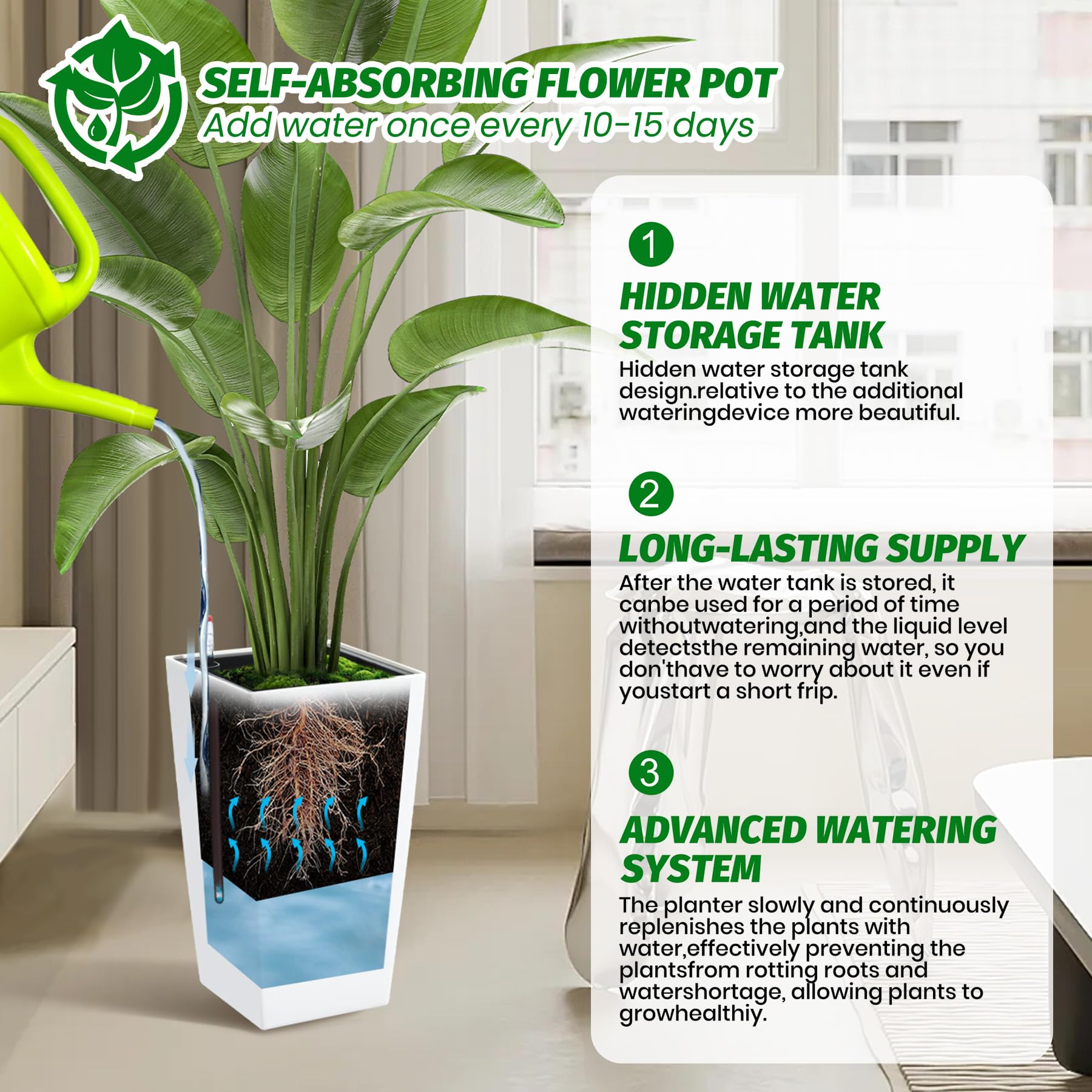 Greenhaus Gardening 16-Inch White Rectangular Self-Watering Planters Set of 2