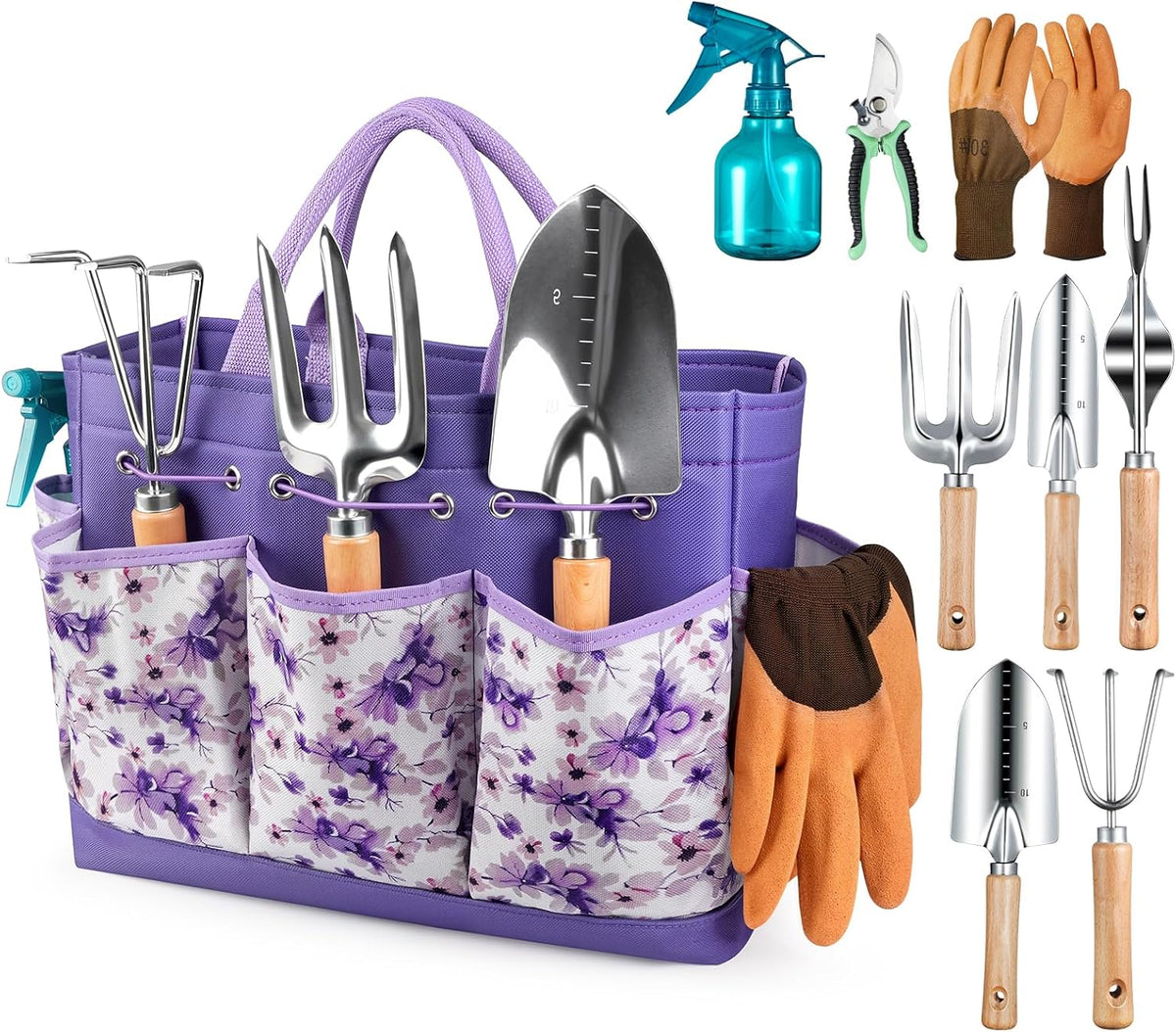 Greenhaus Gardening Premium Stainless Steel Garden Tool Set with Floral Tote & Wooden Handles