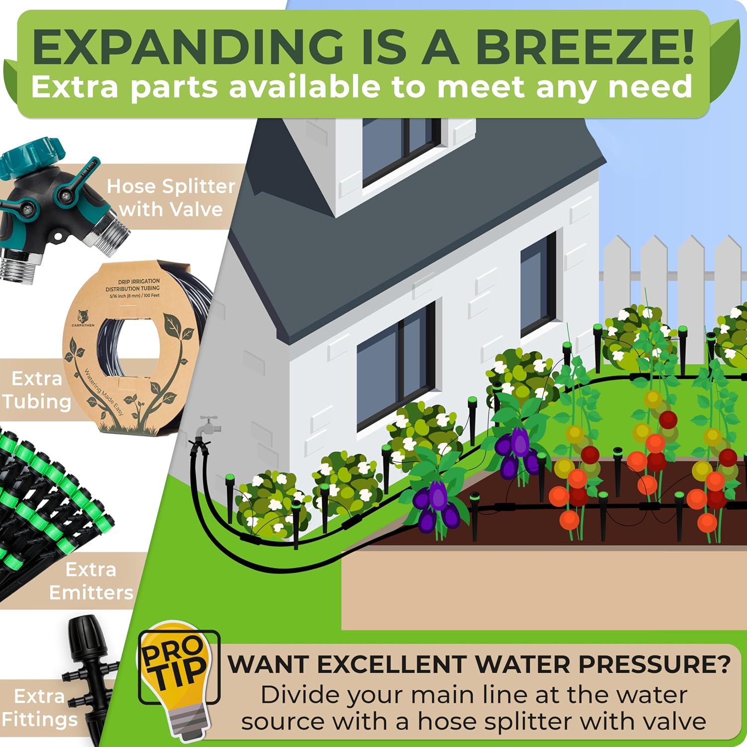 Greenhaus Gardening 100ft Drip Irrigation System Kit with Adjustable Sprinklers for Raised Beds & Gardens