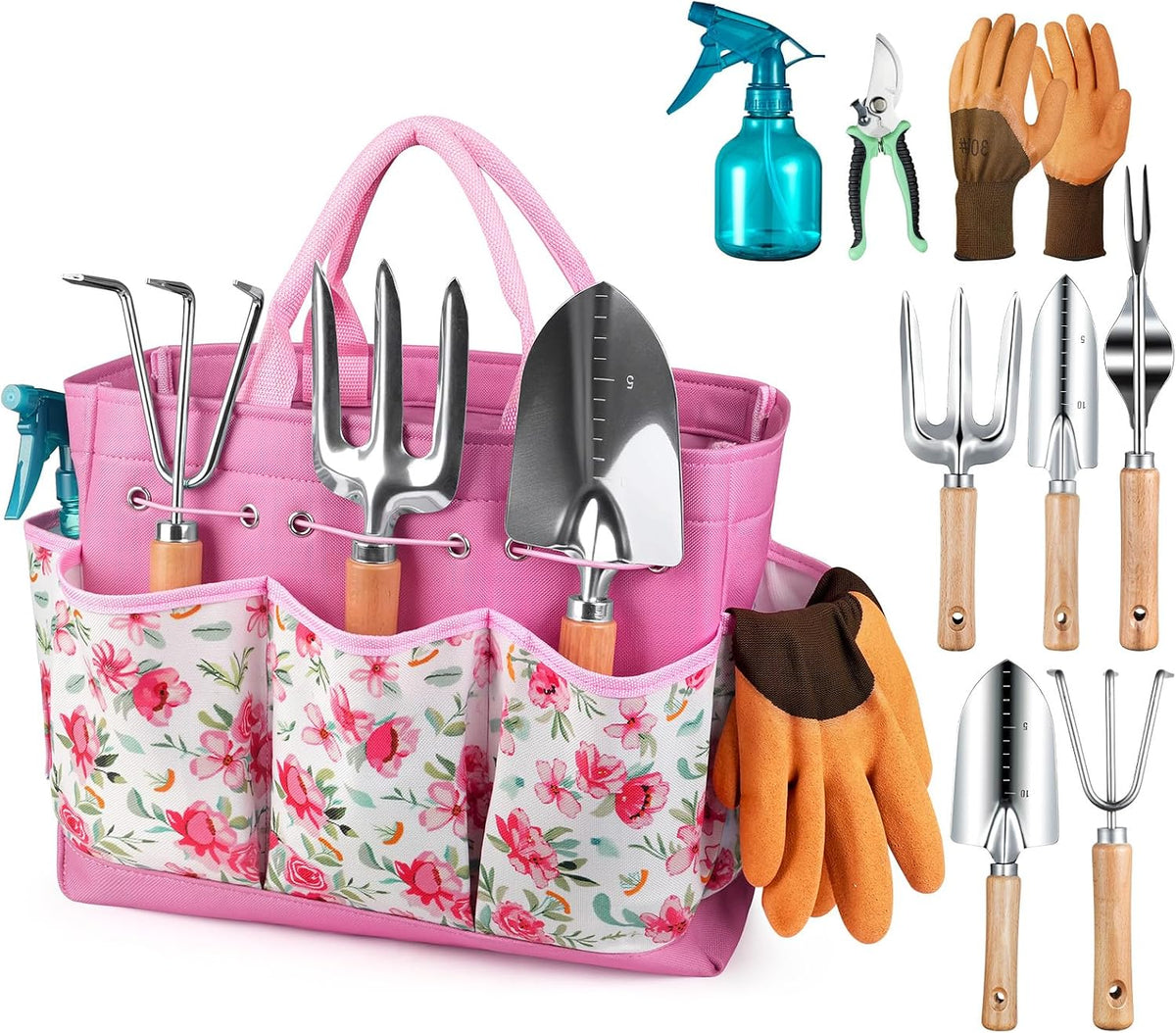 Greenhaus Gardening Premium Stainless Steel Garden Tool Set with Floral Tote & Wooden Handles