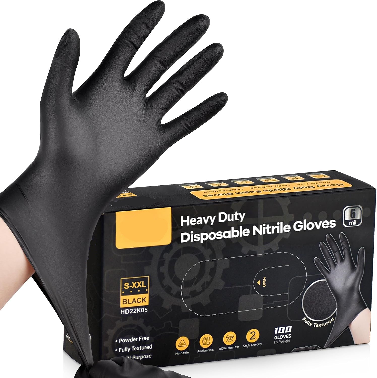 Greenhaus Gardening Heavy-Duty Black Nitrile Disposable Gloves, 6 Mil, Fully Textured