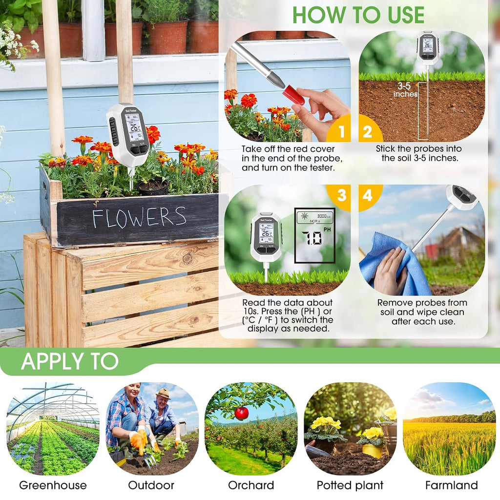 Greenhaus Gardening 4-in-1 Digital Soil Tester with LCD Display, pH, Moisture, Temperature & Light Meter