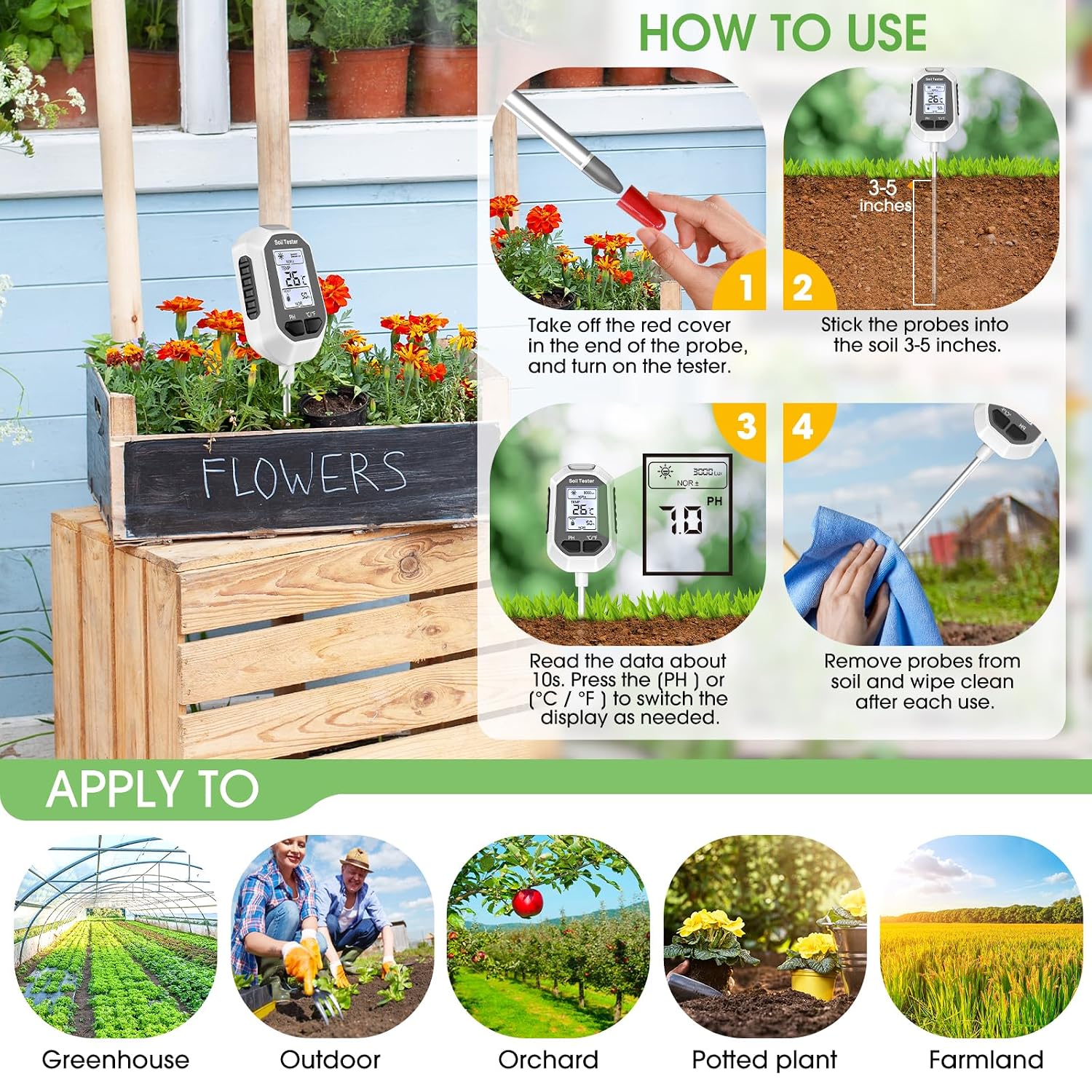 Greenhaus Gardening 4-in-1 Digital Soil Tester with LCD Display, pH, Moisture, Temperature & Light Meter
