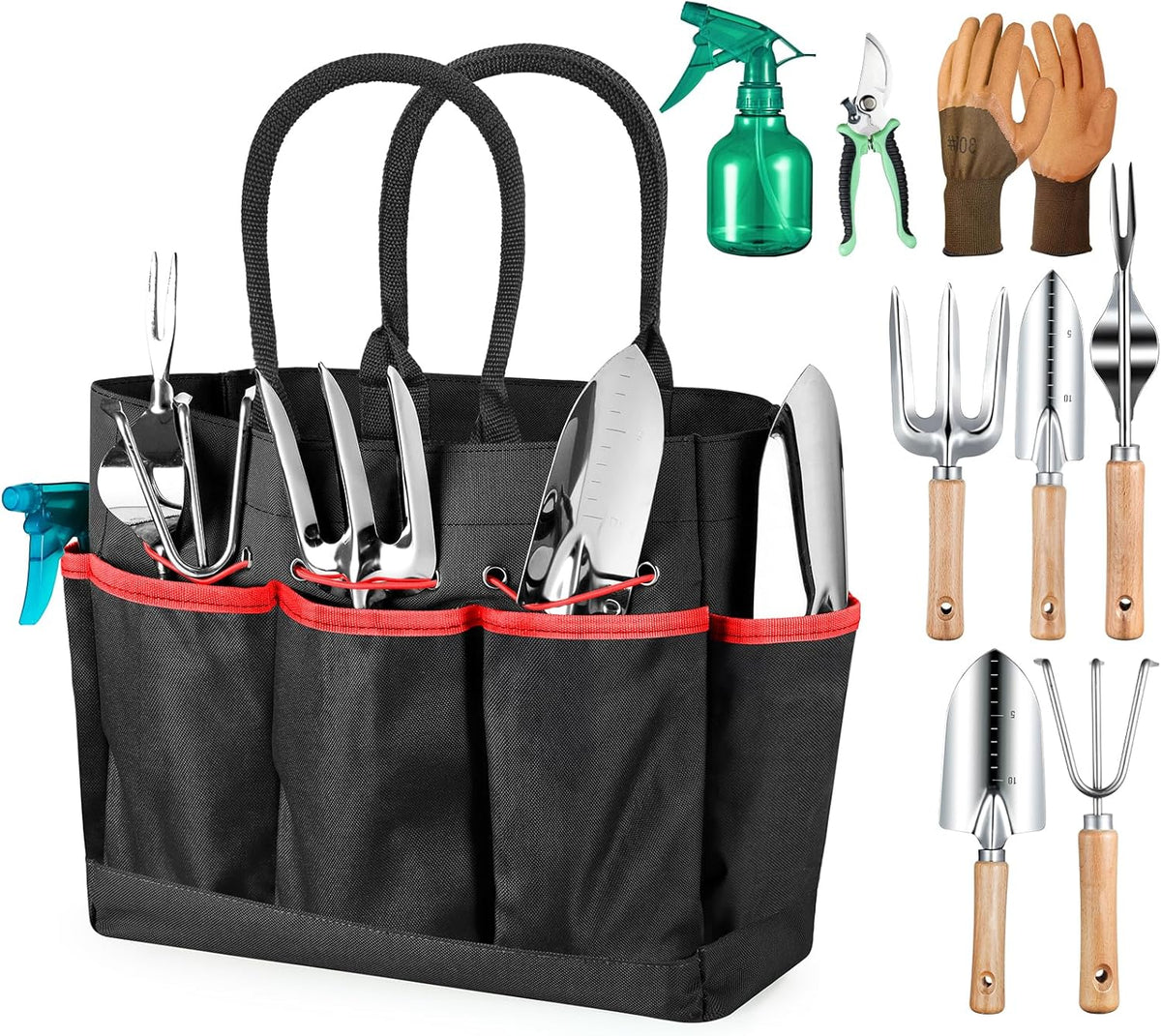 Greenhaus Gardening Premium Stainless Steel Garden Tool Set with Floral Tote & Wooden Handles