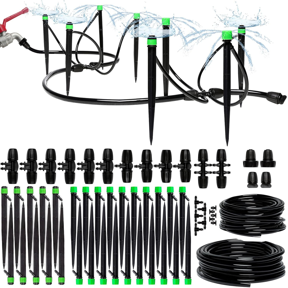 Greenhaus Gardening 100ft Drip Irrigation System Kit with Adjustable Sprinklers for Raised Beds & Gardens