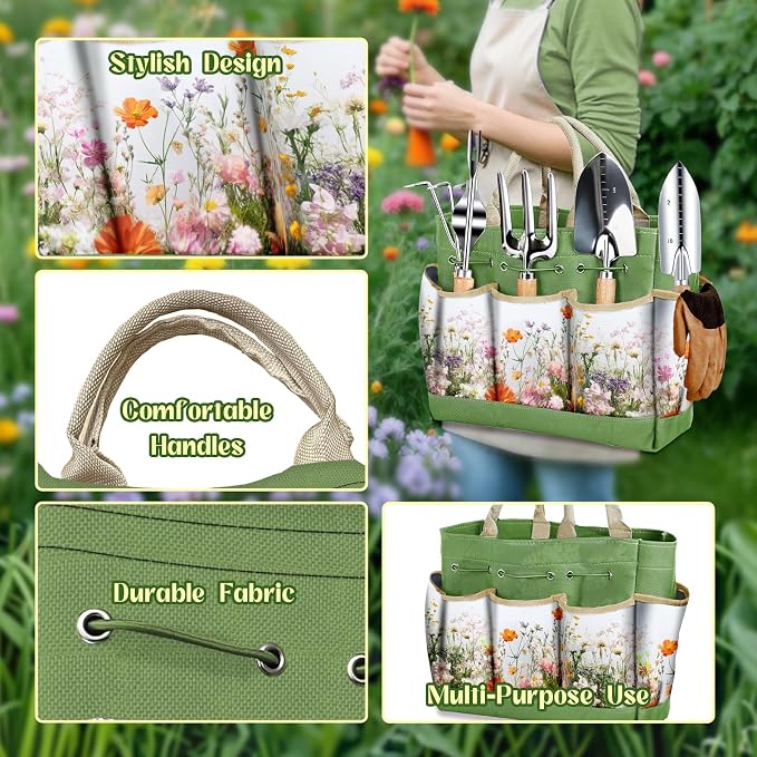 Greenhaus Gardening Premium 9-Piece Stainless Steel Garden Tool Set with Floral Tote, Gift Box & Repotting Mat
