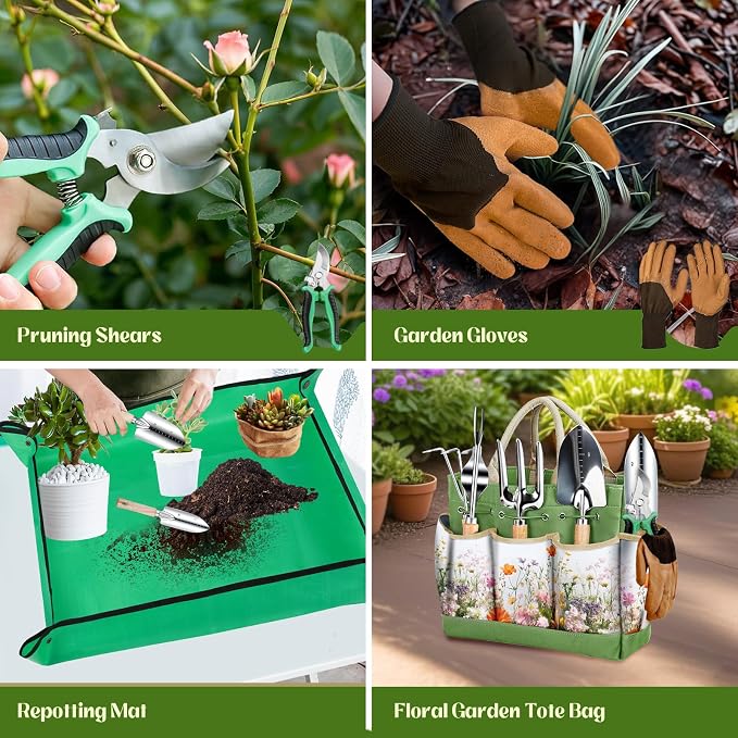 Greenhaus Gardening Premium 9-Piece Stainless Steel Garden Tool Set with Floral Tote, Gift Box & Repotting Mat