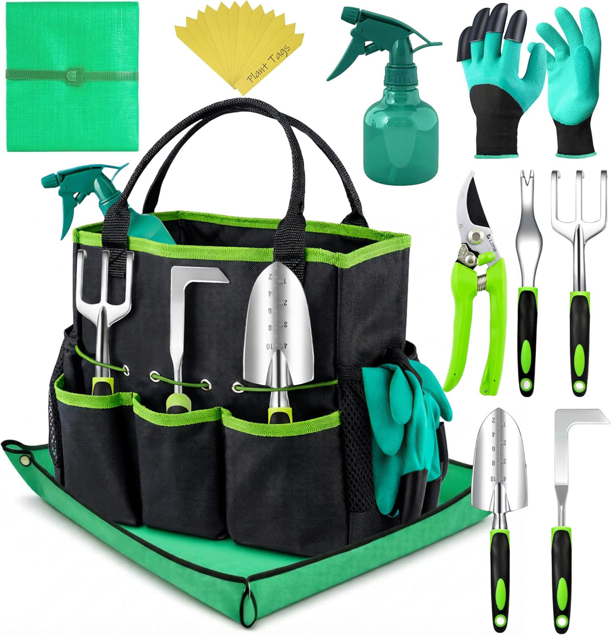 Greenhaus Gardening Garden Essentials Set with Multi-Pocket Tote, Gloves and Watering Bottle