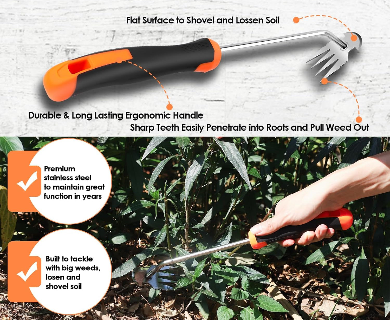 Greenhaus Gardening 2-Piece Stainless Steel Hand Weeder Set with Ergonomic Rubber Handles