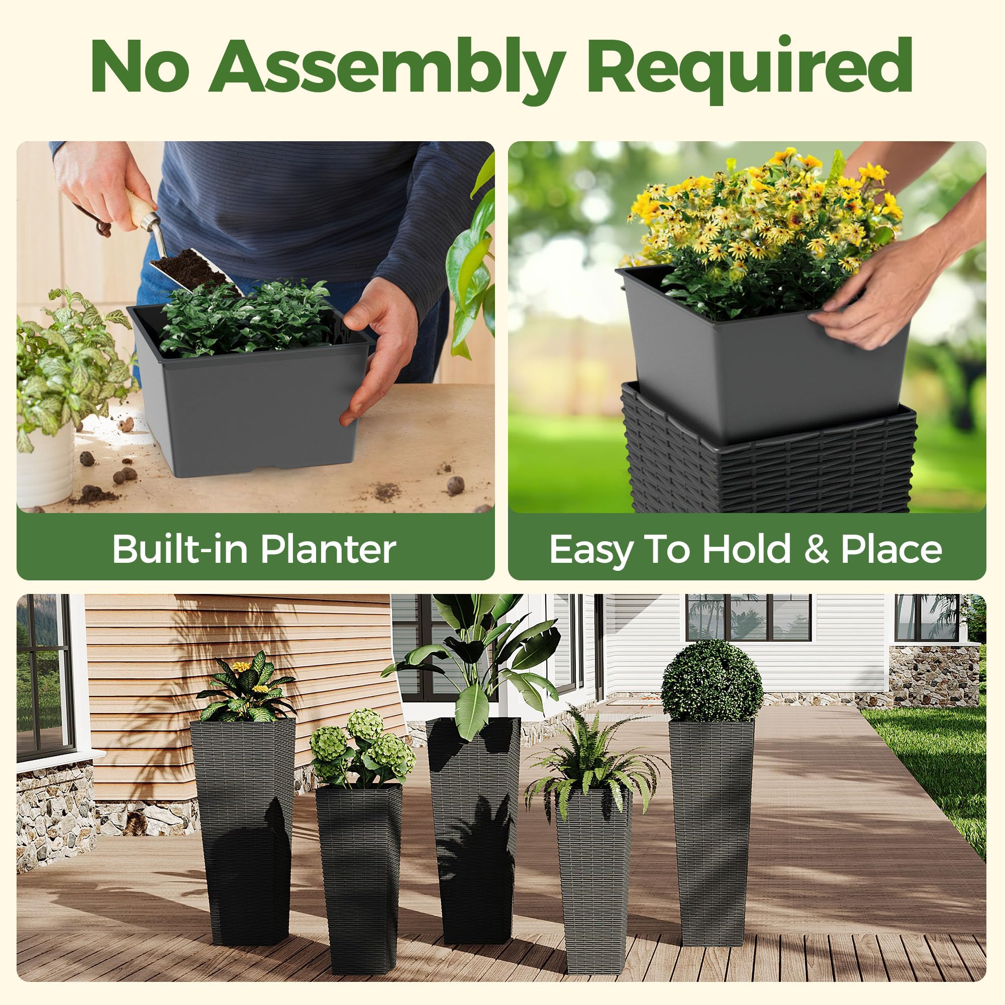 Greenhaus Gardening Tall Rattan Planters Set with Removable Insert Buckets Set of 2