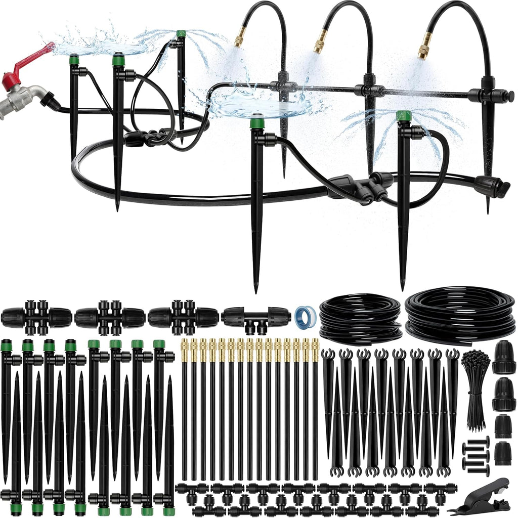 Greenhaus Gardening 100ft Drip Irrigation System Kit with Adjustable Sprinklers for Raised Beds & Gardens