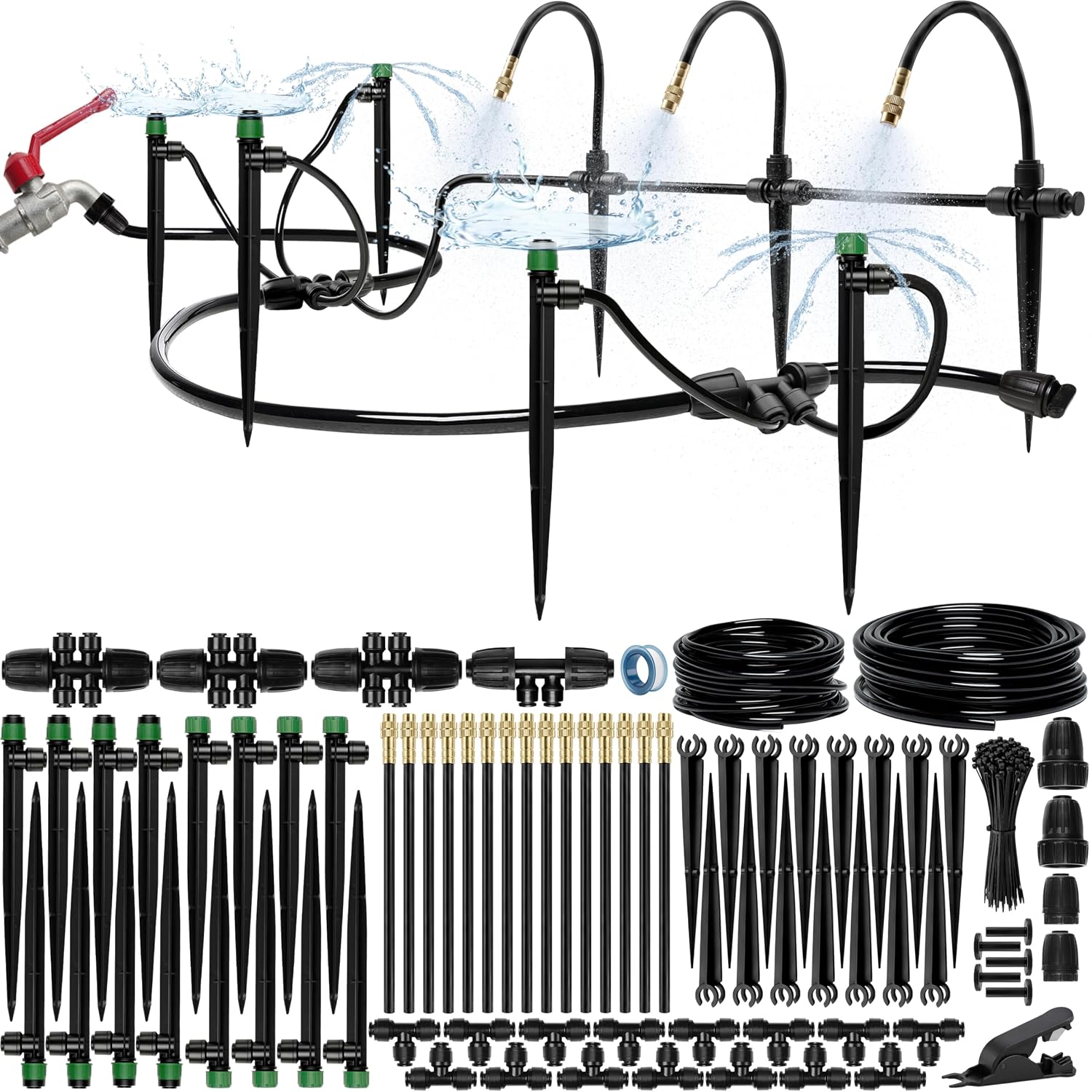 Greenhaus Gardening 100ft Drip Irrigation System Kit with Adjustable Sprinklers for Raised Beds & Gardens