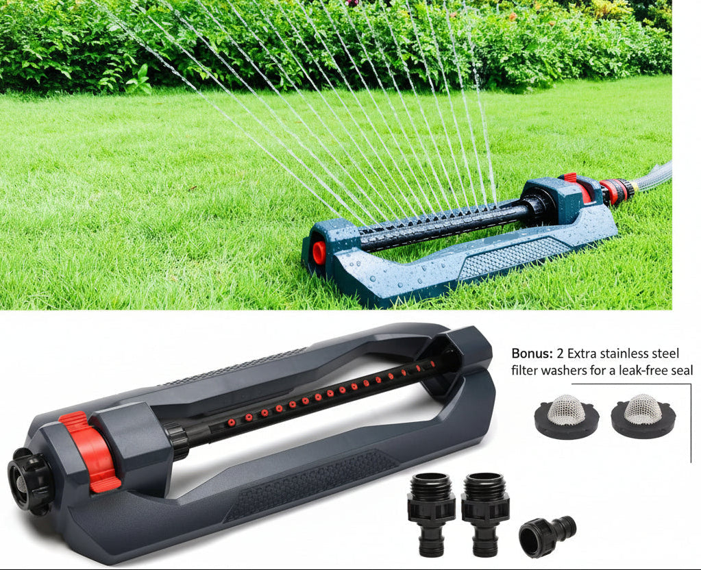 Greenhaus Gardening Weighted Oscillating Sprinkler with 16 Precision Nozzles for Lawns up to 3,600 Sq Ft