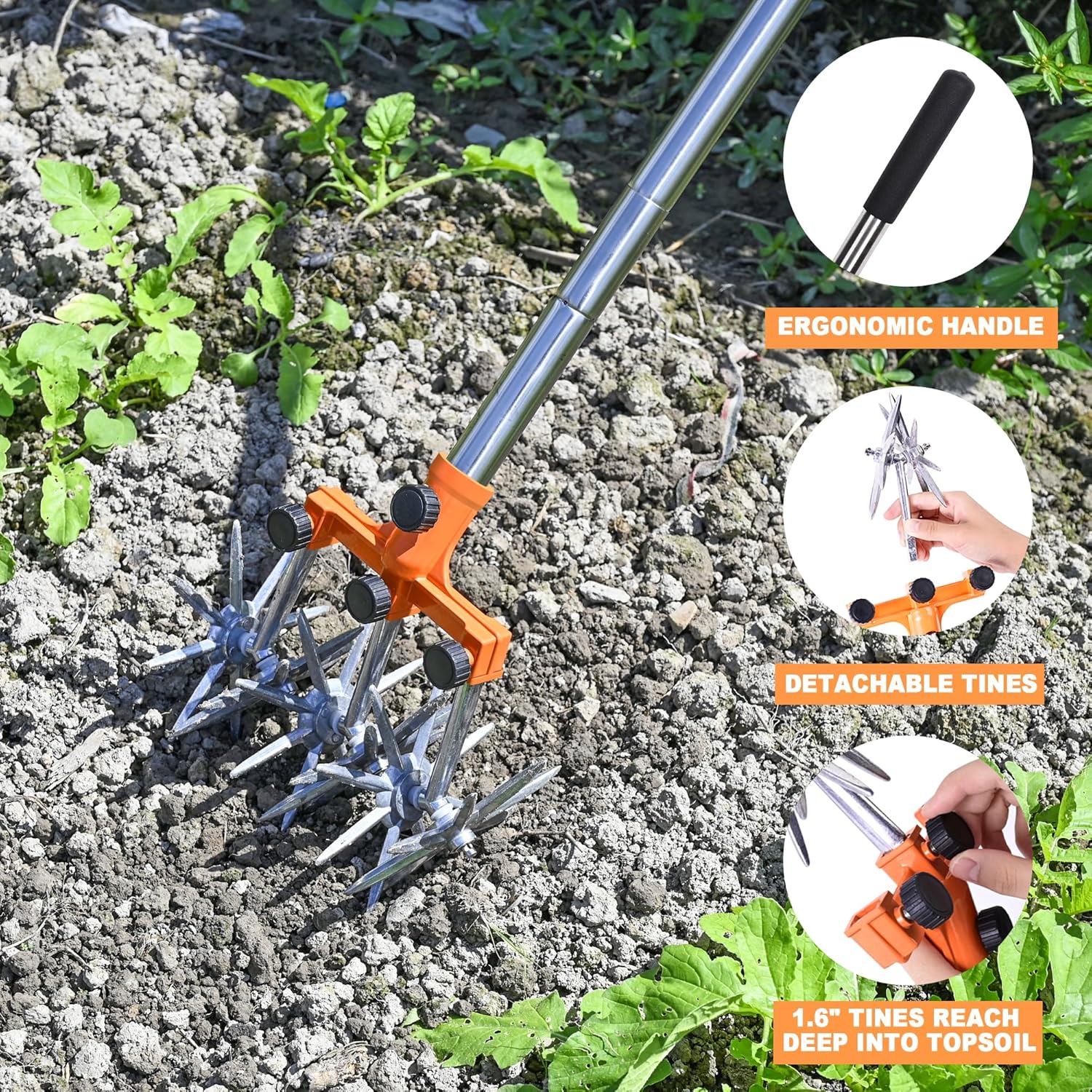 Greenhaus Gardening 57-Inch Rotary Cultivator with Adjustable Handle and Interchangeable Wheels