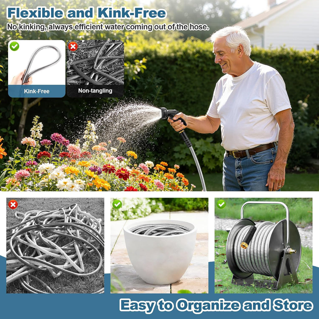 Greenhaus Gardening Heavy-Duty Stainless Steel Garden Hose with Leak-Resistant Fittings