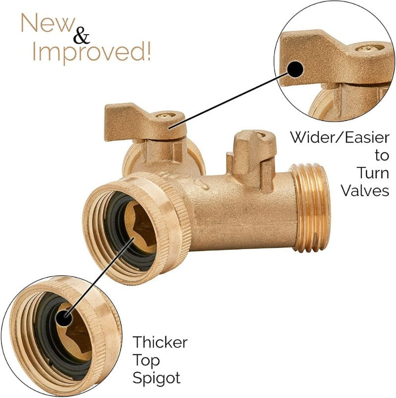 Greenhaus Gardening Brass Hose Connector Splitter with Shutoff Valves