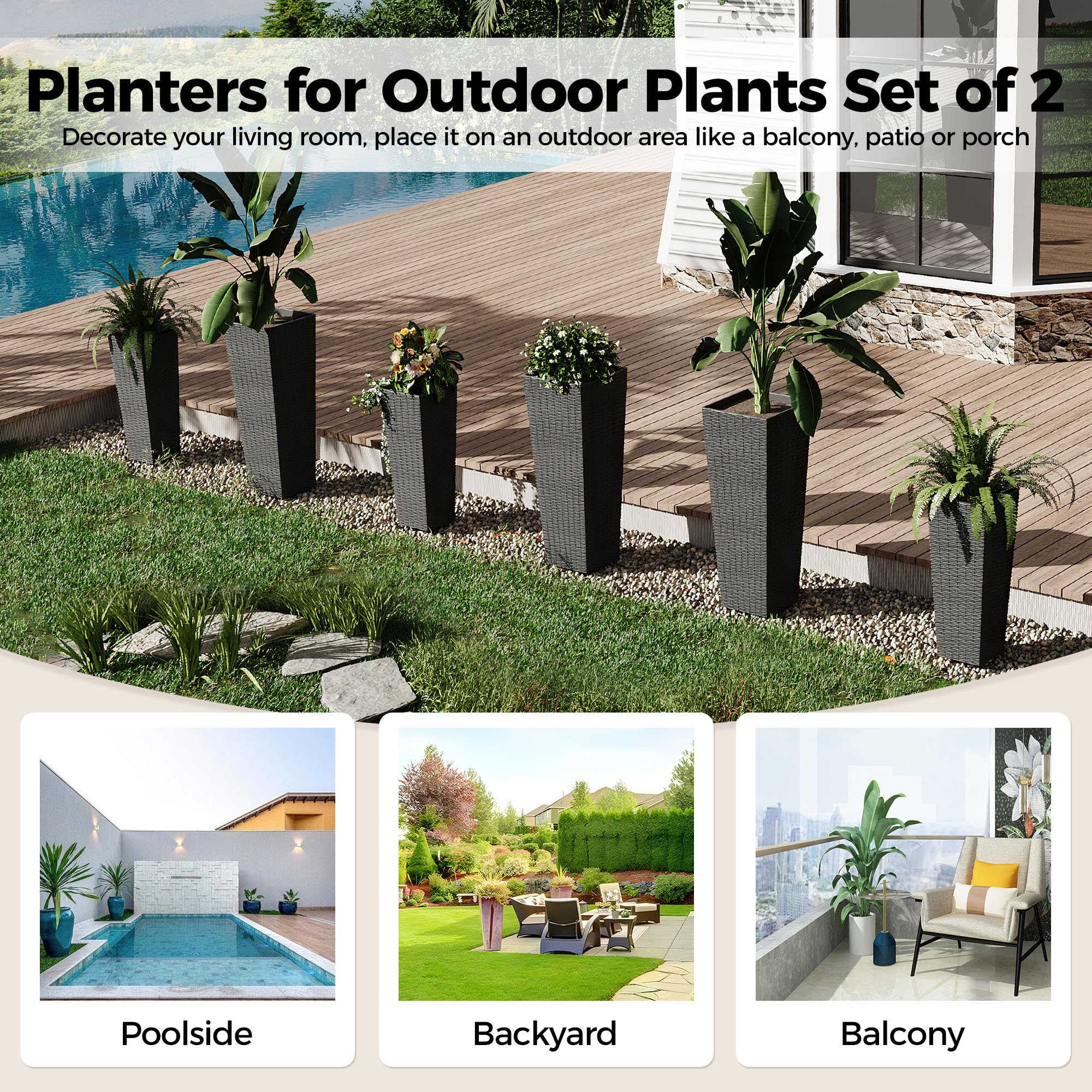 Greenhaus Gardening Tall Rattan Planters Set with Removable Insert Buckets Set of 2