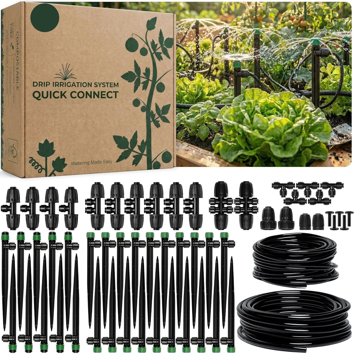 Greenhaus Gardening 100ft Drip Irrigation System Kit with Adjustable Sprinklers for Raised Beds & Gardens