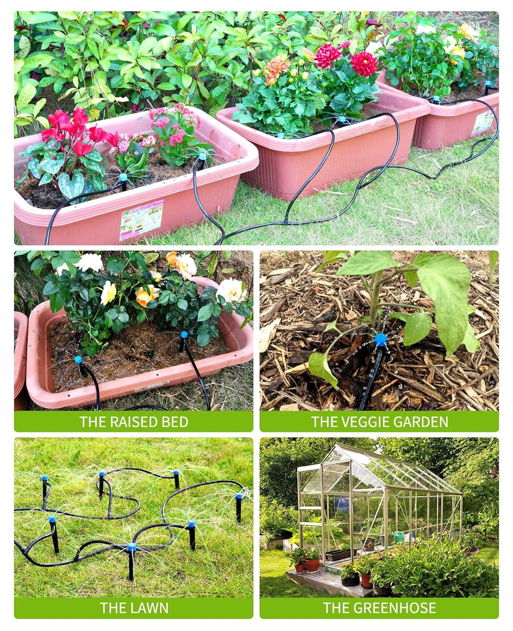 Greenhaus Gardening Complete Drip Irrigation System Kit with Adjustable Emitters, Brass Splitter & Flexible Tubing
