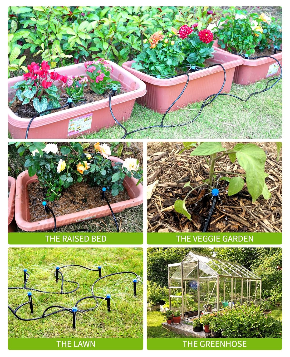 Greenhaus Gardening Complete Drip Irrigation System Kit with Adjustable Emitters, Brass Splitter & Flexible Tubing