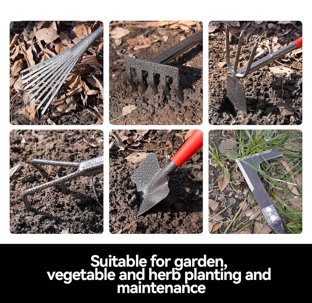Greenhaus Gardening 6-Piece Heavy-Duty Garden Hand Tool Set with Trowel, Rakes, Hoe & Crack Weeder