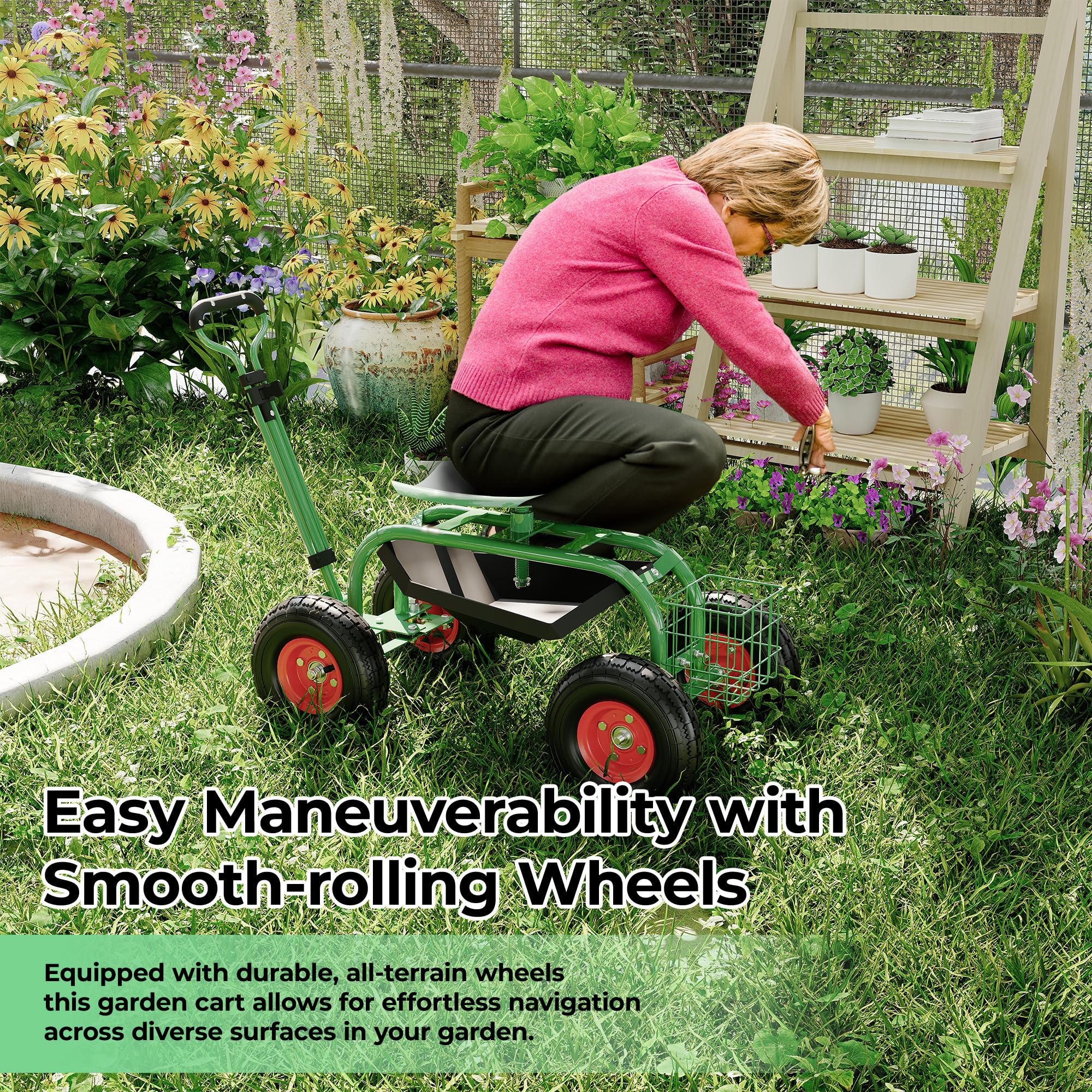 Greenhaus Gardening Garden Utility Cart with 360° Rotating Seat