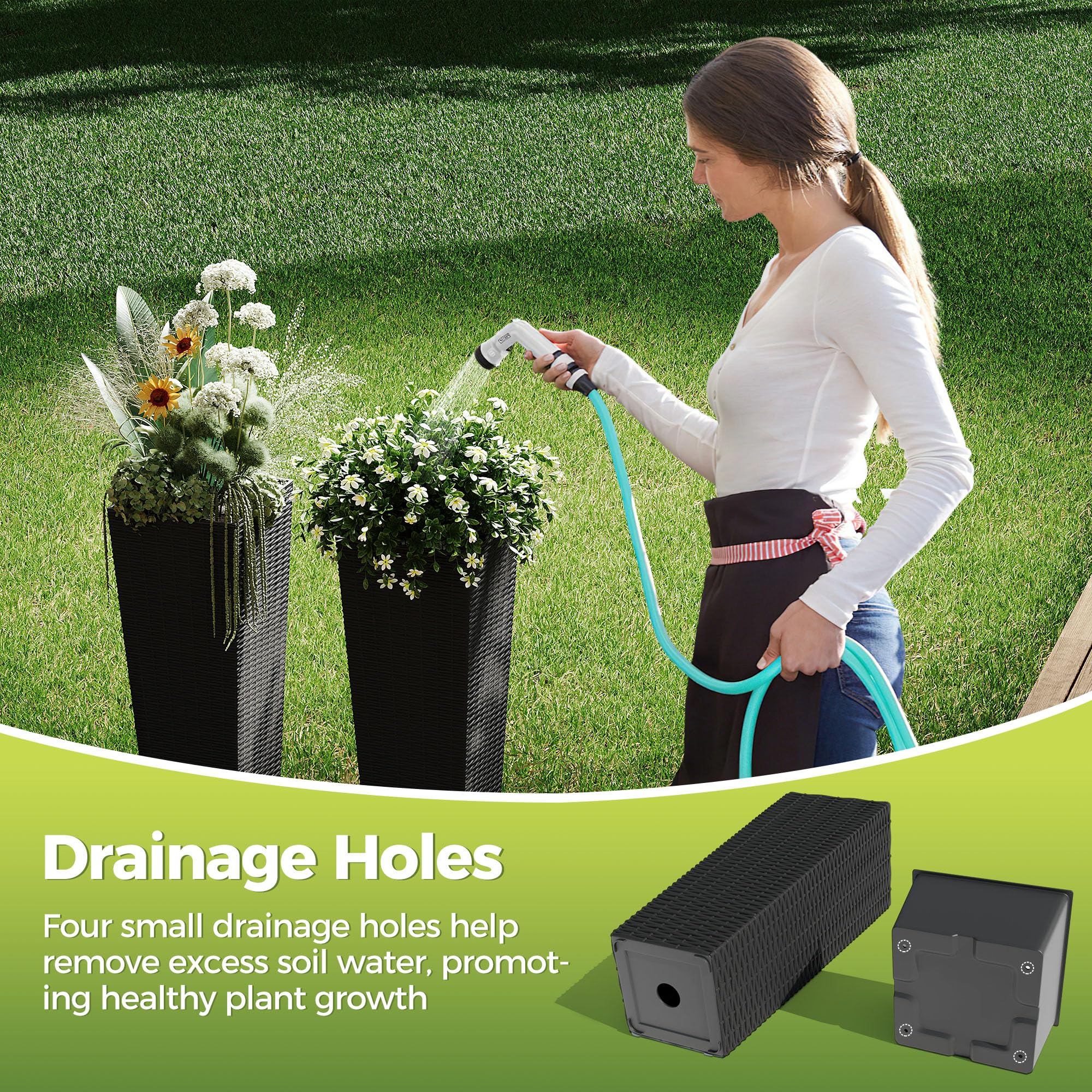 Greenhaus Gardening Tall Rattan Planters Set with Removable Insert Buckets Set of 2
