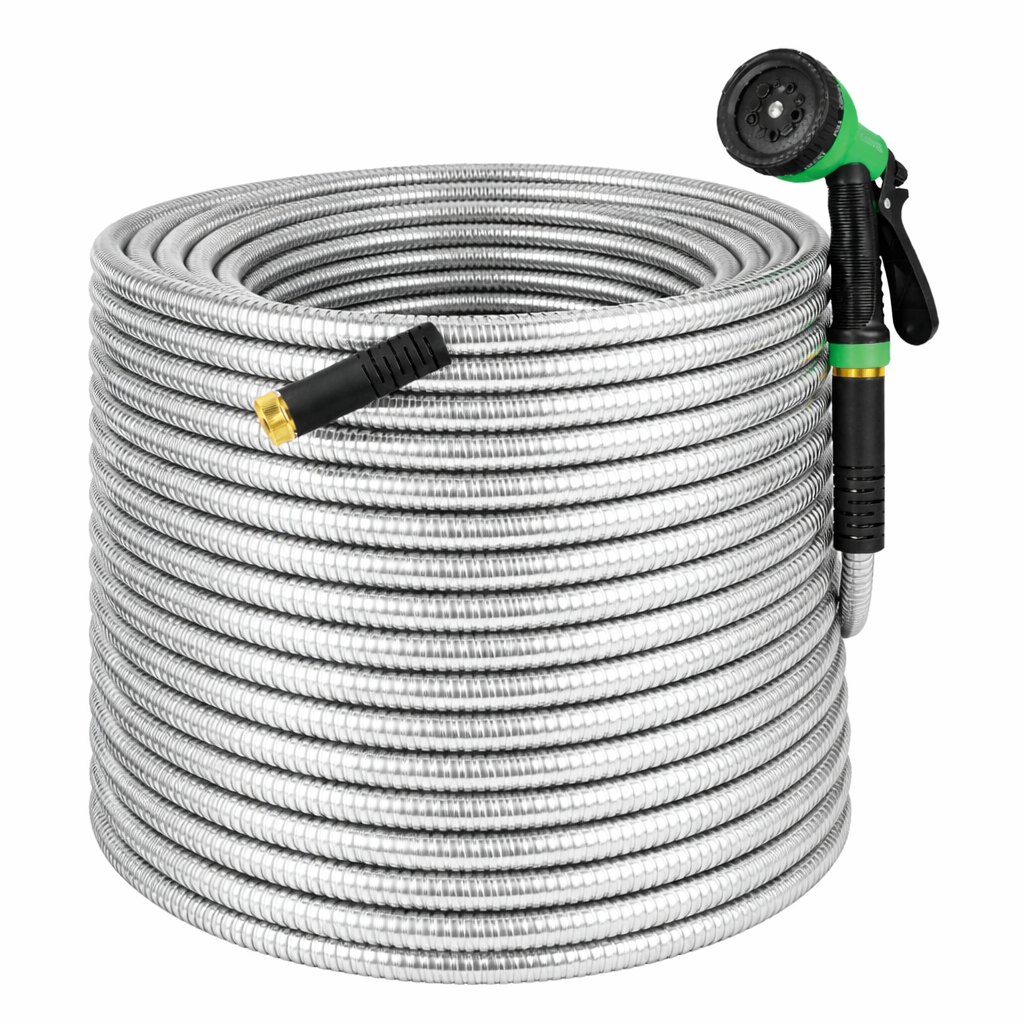 Greenhaus Gardening Heavy Duty Metal Garden Hose 100 FT with Brass Connectors