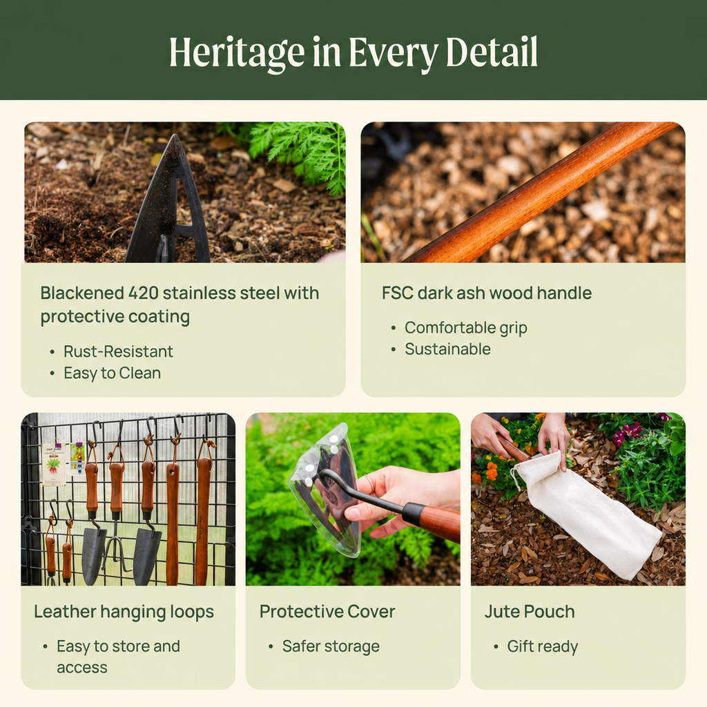 Greenhaus Gardening Hand Garden Hoe, FSC Wood Handle Multi-Use Weeding Tool