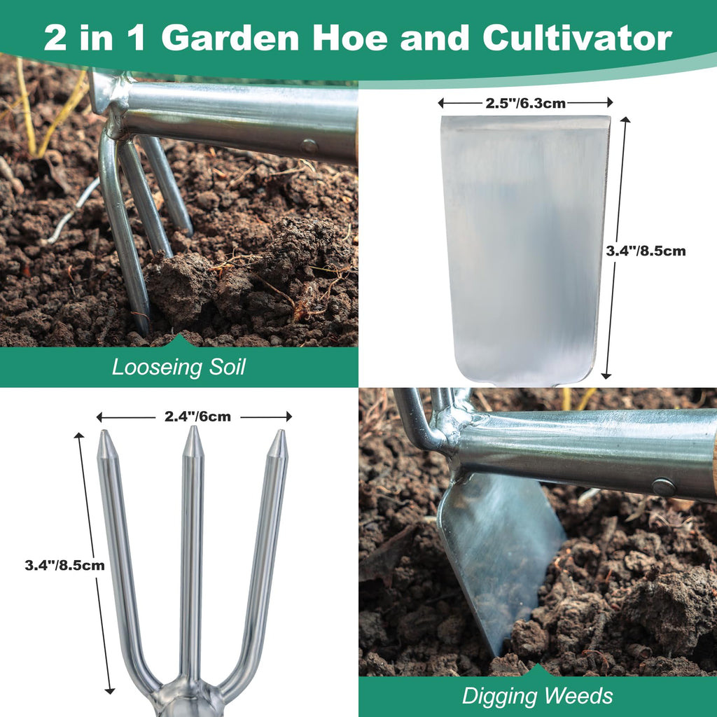 Greenhaus Gardening Stainless Steel Garden Hoe & Rake with Wooden Handle