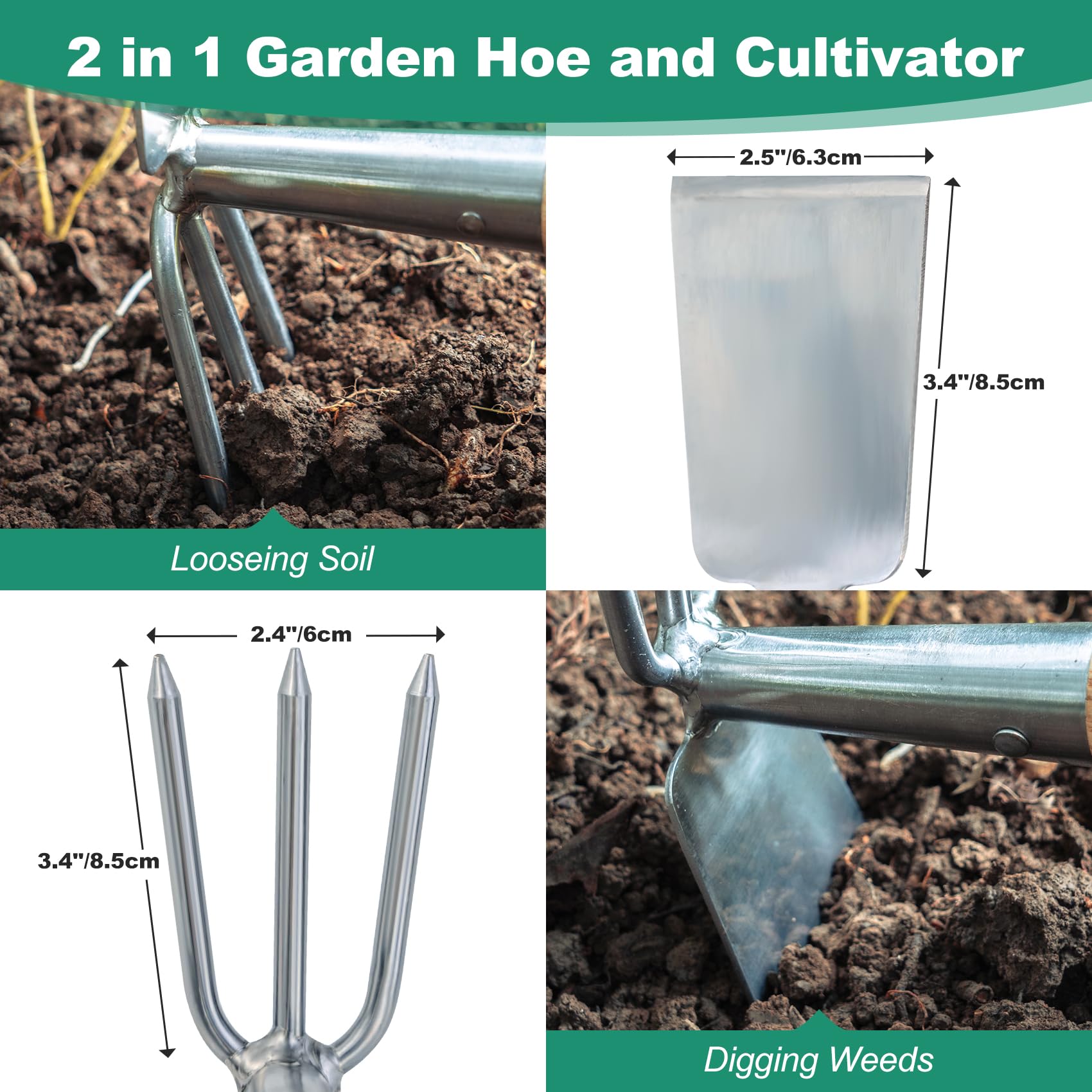 Greenhaus Gardening Stainless Steel Garden Hoe & Rake with Wooden Handle