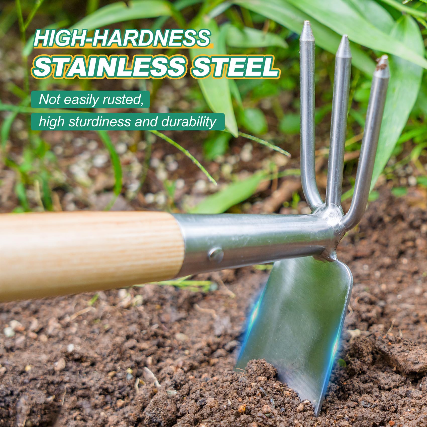 Greenhaus Gardening Stainless Steel Garden Hoe & Rake with Wooden Handle