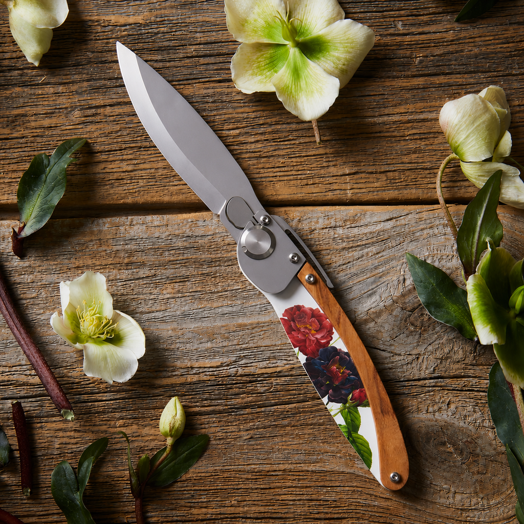 Greenhaus Gardening Floral Pocket Knife — 3" Steel Blade & Leather Pouch