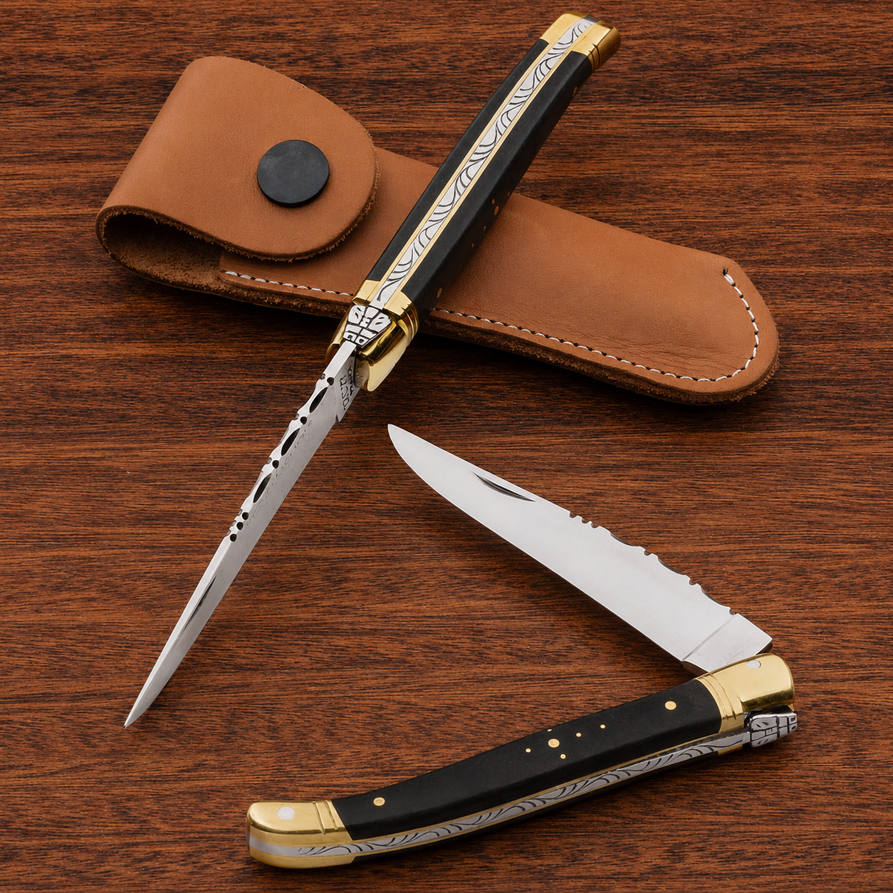 Greenhaus Gardening Laguiole-Style Folding Knife with Leather Belt Sheath