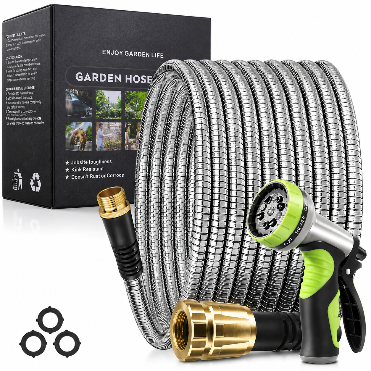 Greenhaus Gardening Lightweight Non-Expanding Garden Hose with 10-Pattern Spray Nozzle, 50 FT