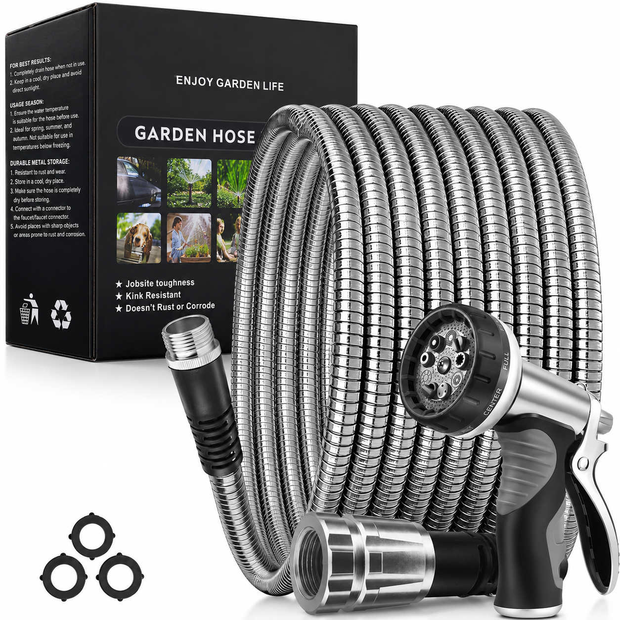Greenhaus Gardening Lightweight Non-Expanding Garden Hose with 10-Pattern Spray Nozzle, 50 FT