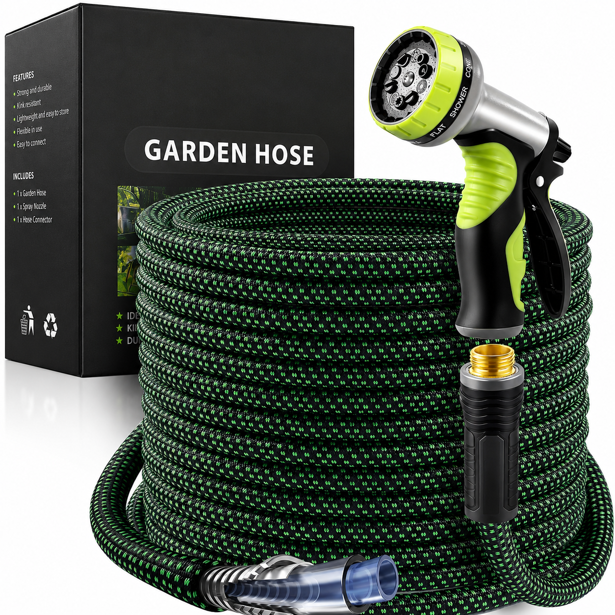 Greenhaus Gardening Lightweight Non-Expanding Garden Hose with 10-Pattern Spray Nozzle, 50 FT