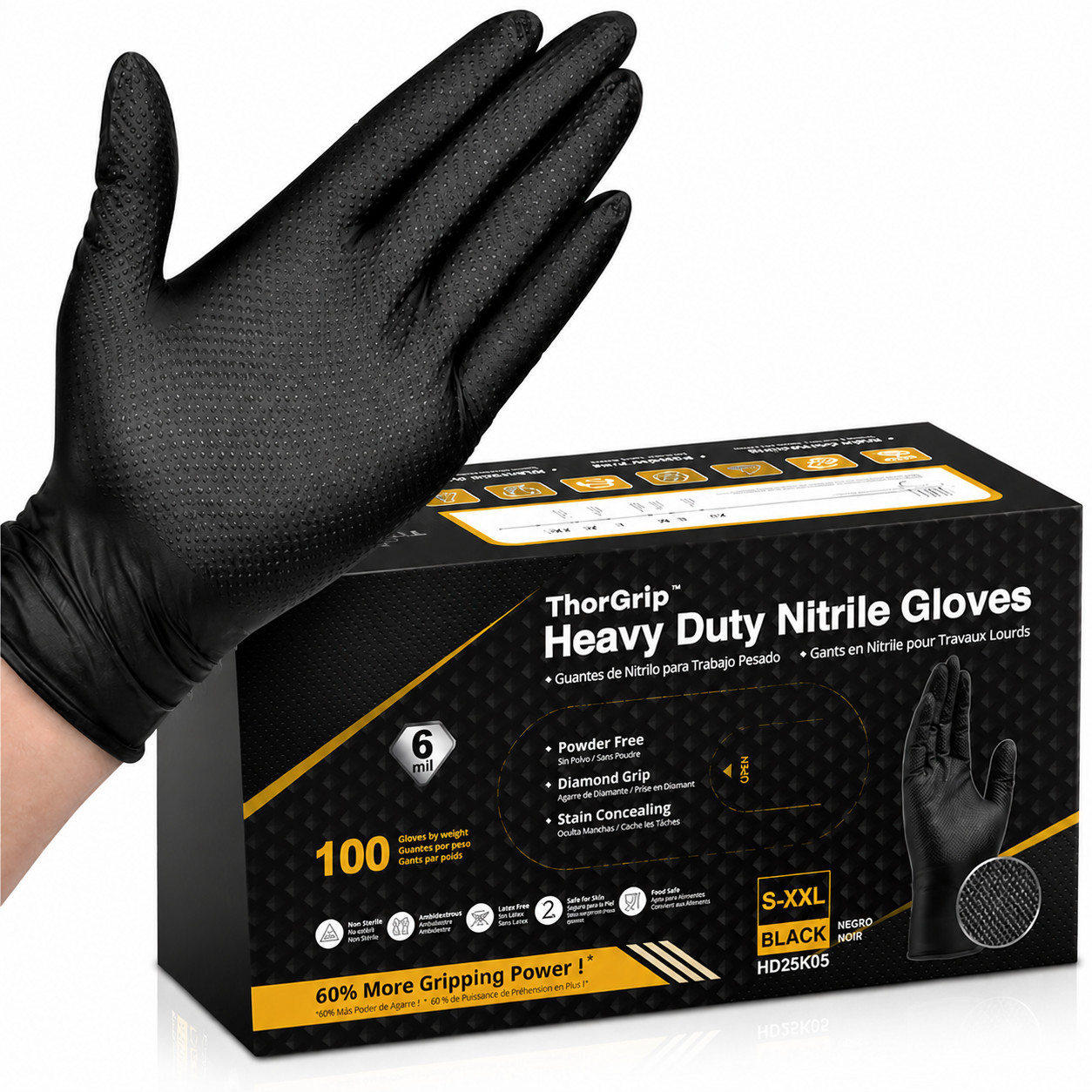 Greenhaus Gardening Heavy-Duty Black Nitrile Work Gloves with Diamond Grip, 6 Mil/8 Mil