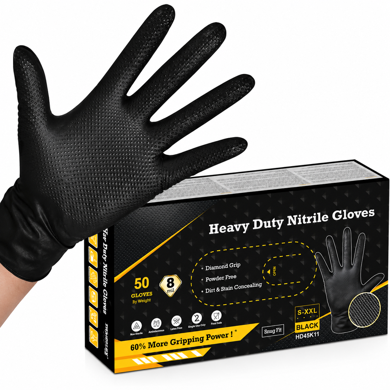 Greenhaus Gardening Heavy-Duty Black Nitrile Work Gloves with Diamond Grip, 6 Mil/8 Mil