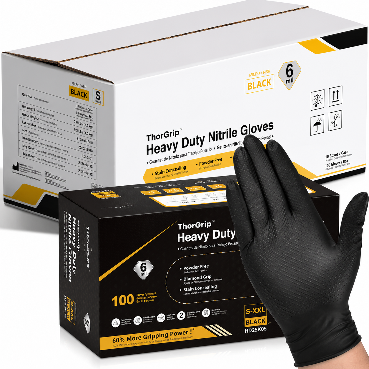 Greenhaus Gardening Heavy-Duty Black Nitrile Work Gloves with Diamond Grip, 6 Mil/8 Mil