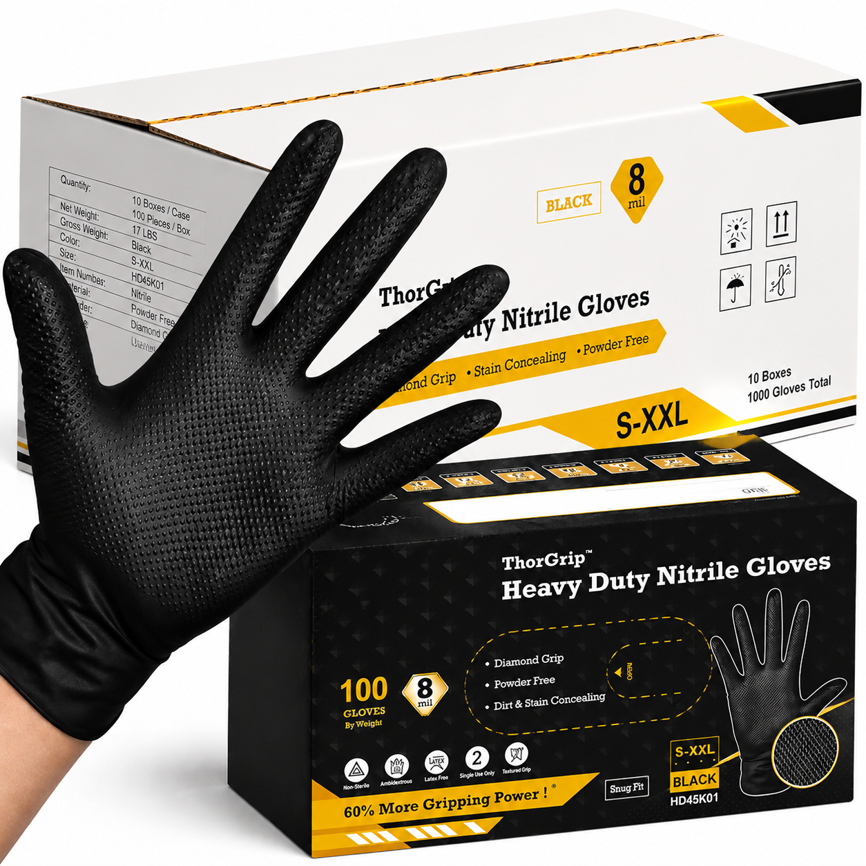 Greenhaus Gardening Heavy-Duty Black Nitrile Work Gloves with Diamond Grip, 6 Mil/8 Mil